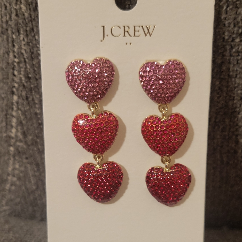 J. Crew Pink and Red Triple Heart Earrings